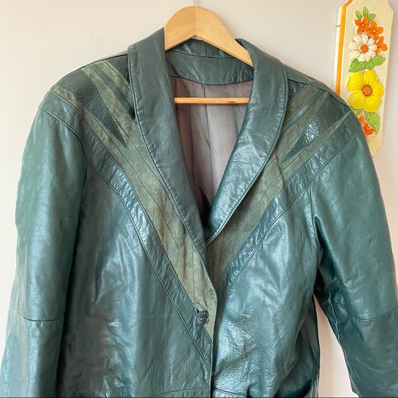 Vintage Green Genuine Leather Trench Coat with Triangle Pattern - Picture 15 of 16